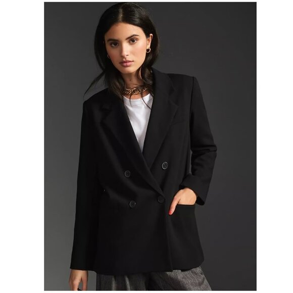 Anthropologie Maeve Double-Breasted Blazer 12 oversized black boxy - Picture 1 of 13